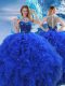 Royal Blue Organza Zipper Scoop Sleeveless Floor Length Quinceanera Gown Ruffles and Sequins