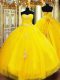 Discount Sleeveless Tulle Floor Length Lace Up Quinceanera Dresses in Gold with Beading and Appliques