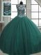 Beautiful Scoop Sleeveless Quinceanera Gown Floor Length Beading Dark Green Tulle