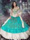 Off The Shoulder Sleeveless Lace Up Quince Ball Gowns Blue And White Elastic Woven Satin