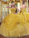 Comfortable Gold Ball Gowns Pick Ups and Hand Made Flower Sweet 16 Dress Lace Up Tulle Sleeveless Floor Length