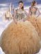 Suitable Champagne Ball Gowns Organza Sweetheart Sleeveless Beading and Ruffles Floor Length Lace Up Quince Ball Gowns