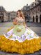 Customized Gold Ball Gowns Organza Sweetheart Sleeveless Embroidery and Ruffled Layers Floor Length Lace Up Quinceanera Dress