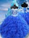 Sleeveless Floor Length Beading and Ruffles Lace Up Quinceanera Dresses with Blue