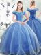 Brush Train Ball Gowns Quinceanera Dresses Light Blue Off The Shoulder Organza Sleeveless Lace Up