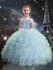 Custom Designed Light Blue Organza Lace Up Straps Sleeveless Floor Length Kids Formal Wear Beading and Ruffles