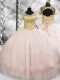 Pink Tulle Lace Up Sweet 16 Dress Short Sleeves Floor Length Beading