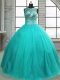 Affordable Tulle Scoop Sleeveless Lace Up Beading Sweet 16 Quinceanera Dress in Turquoise