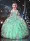 Floor Length Lace Up Kids Pageant Dress Turquoise for Quinceanera and Wedding Party with Beading and Ruffles