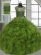Best Scoop Sleeveless Quinceanera Dress Floor Length Beading and Ruffles Olive Green Organza