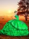 Green Ball Gowns Organza Sweetheart Sleeveless Embroidery and Ruffles Lace Up Quince Ball Gowns Brush Train