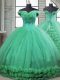 New Style Turquoise Fabric With Rolling Flowers Lace Up Quinceanera Gown Sleeveless Brush Train Hand Made Flower