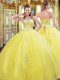 Stunning Sweetheart Sleeveless Sweet 16 Quinceanera Dress Floor Length Beading and Appliques Gold Tulle