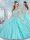 Dynamic Aqua Blue Clasp Handle Quinceanera Gowns Beading and Lace Sleeveless Floor Length