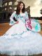 Trendy Aqua Blue Organza Lace Up Quinceanera Dress Long Sleeves Floor Length Embroidery and Ruffled Layers