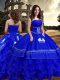 Latest Floor Length Zipper Quince Ball Gowns Royal Blue for Military Ball and Sweet 16 and Quinceanera with Embroidery and Ruffled Layers