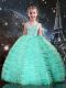 Simple Turquoise Tulle Lace Up Little Girl Pageant Dress Sleeveless Floor Length Beading and Ruffled Layers