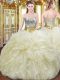 Low Price Light Yellow Ball Gowns Sweetheart Sleeveless Organza Floor Length Lace Up Beading and Ruffles Sweet 16 Dresses