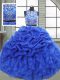 Lovely Scoop Sleeveless 15th Birthday Dress Floor Length Beading and Ruffles and Pick Ups Royal Blue Organza