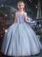Straps Sleeveless Little Girls Pageant Dress Floor Length Beading Light Blue Tulle