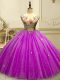 Most Popular Fuchsia Ball Gowns Scoop Sleeveless Tulle Floor Length Lace Up Appliques and Sequins 15th Birthday Dress
