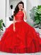 Customized Red Tulle Zipper Quinceanera Gown Sleeveless Floor Length Lace and Ruffles