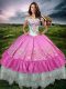 Eye-catching Rose Pink Off The Shoulder Neckline Beading and Embroidery and Ruffled Layers Sweet 16 Quinceanera Dress Sleeveless Lace Up