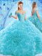 Ruffles and Pick Ups Quinceanera Gown Aqua Blue Lace Up Cap Sleeves Brush Train