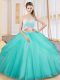 Free and Easy Floor Length Aqua Blue Vestidos de Quinceanera Tulle Sleeveless Beading and Ruching and Pick Ups