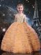 Straps Sleeveless Little Girls Pageant Gowns Floor Length Beading and Ruffled Layers Orange Red Tulle