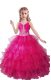 Attractive Fuchsia Organza Zipper V-neck Sleeveless Floor Length Girls Pageant Dresses Beading and Ruffled Layers