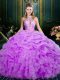 Sleeveless Floor Length Beading and Ruffles and Pick Ups Lace Up Sweet 16 Dresses with Lilac