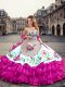 Floor Length Lace Up Ball Gown Prom Dress Fuchsia for Military Ball and Sweet 16 and Quinceanera with Embroidery and Ruffled Layers