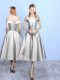 Extravagant Silver Taffeta Lace Up Off The Shoulder Sleeveless Tea Length Dama Dress Appliques