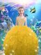 Gold Ball Gowns Organza Straps Sleeveless Beading and Ruffles Floor Length Lace Up Girls Pageant Dresses