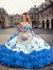 Nice Blue And White Sleeveless Floor Length Embroidery and Ruffled Layers Lace Up Quince Ball Gowns