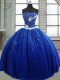 Fantastic Royal Blue Strapless Lace Up Beading Quince Ball Gowns Sleeveless