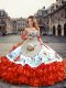 Exquisite Orange Red Organza Lace Up 15 Quinceanera Dress Sleeveless Floor Length Embroidery and Ruffled Layers