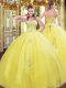 Yellow Sleeveless Beading and Appliques Floor Length Ball Gown Prom Dress
