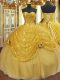 Custom Made Gold Tulle Lace Up Ball Gown Prom Dress Sleeveless Floor Length Pick Ups and Hand Made Flower