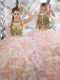 Peach Zipper Scoop Beading and Ruffles Ball Gown Prom Dress Organza Sleeveless