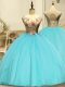 Dazzling Aqua Blue Lace Up 15 Quinceanera Dress Appliques Sleeveless Floor Length