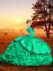 Turquoise Quinceanera Gown Organza Brush Train Sleeveless Embroidery and Ruffles