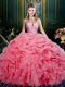 Inexpensive Watermelon Red Sleeveless Beading and Ruffles and Pick Ups Floor Length Sweet 16 Dresses