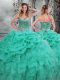 Turquoise Sleeveless Floor Length Beading and Ruffles Lace Up Quince Ball Gowns