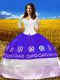 Most Popular 3 4 Length Sleeve Taffeta Floor Length Lace Up Quinceanera Gowns in Purple with Embroidery