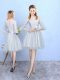 Silver Empire Lace Quinceanera Court of Honor Dress Lace Up Tulle Half Sleeves With Train