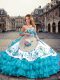 Floor Length Lace Up 15th Birthday Dress Blue And White for Military Ball and Sweet 16 and Quinceanera with Embroidery and Ruffled Layers
