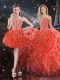Extravagant Sweetheart Sleeveless Sweet 16 Dress Floor Length Beading and Ruffles Coral Red Organza