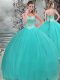 Chic Floor Length Turquoise Vestidos de Quinceanera Tulle Sleeveless Beading